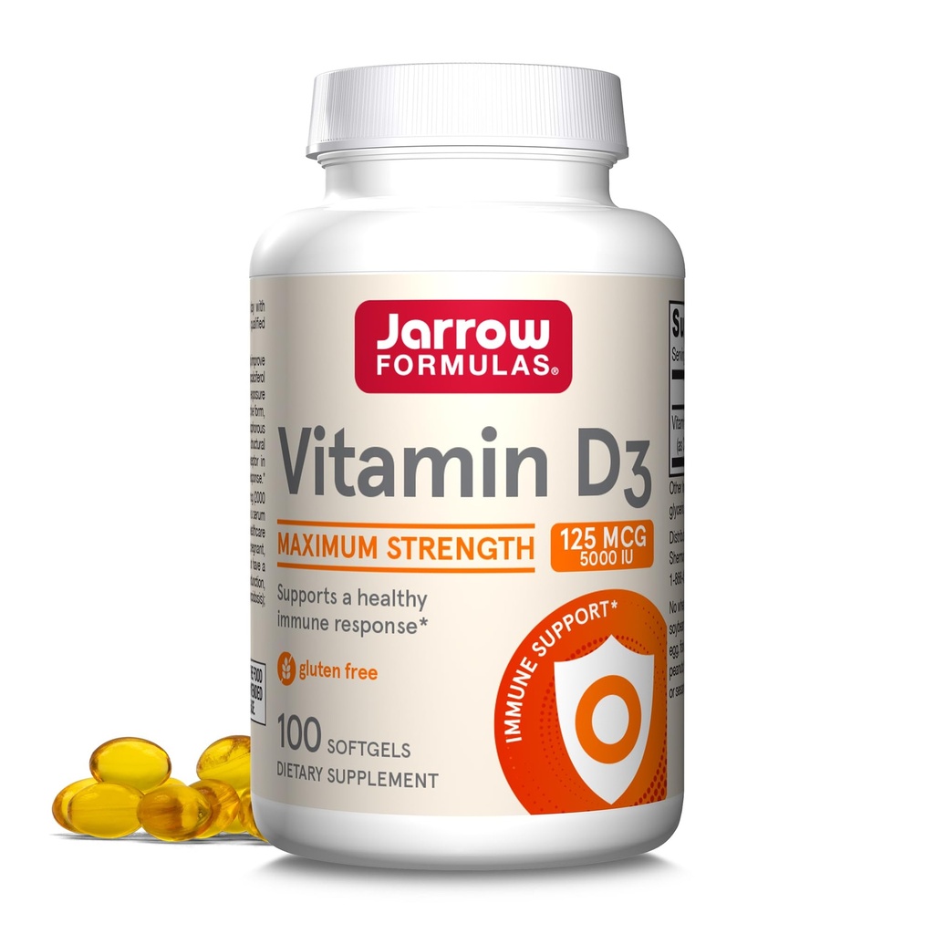 Jarrowove formuly Vitamín D3 125 mcg (5 000 IU) - 100 Servisov (Softgels) - Zdravie kostí, Imunitná podpora a podpora metabolizmu vápnika - Vitamín D doplnok - D3 Vitamíny - 5000 IU Vitamín D - Bez lepidla
