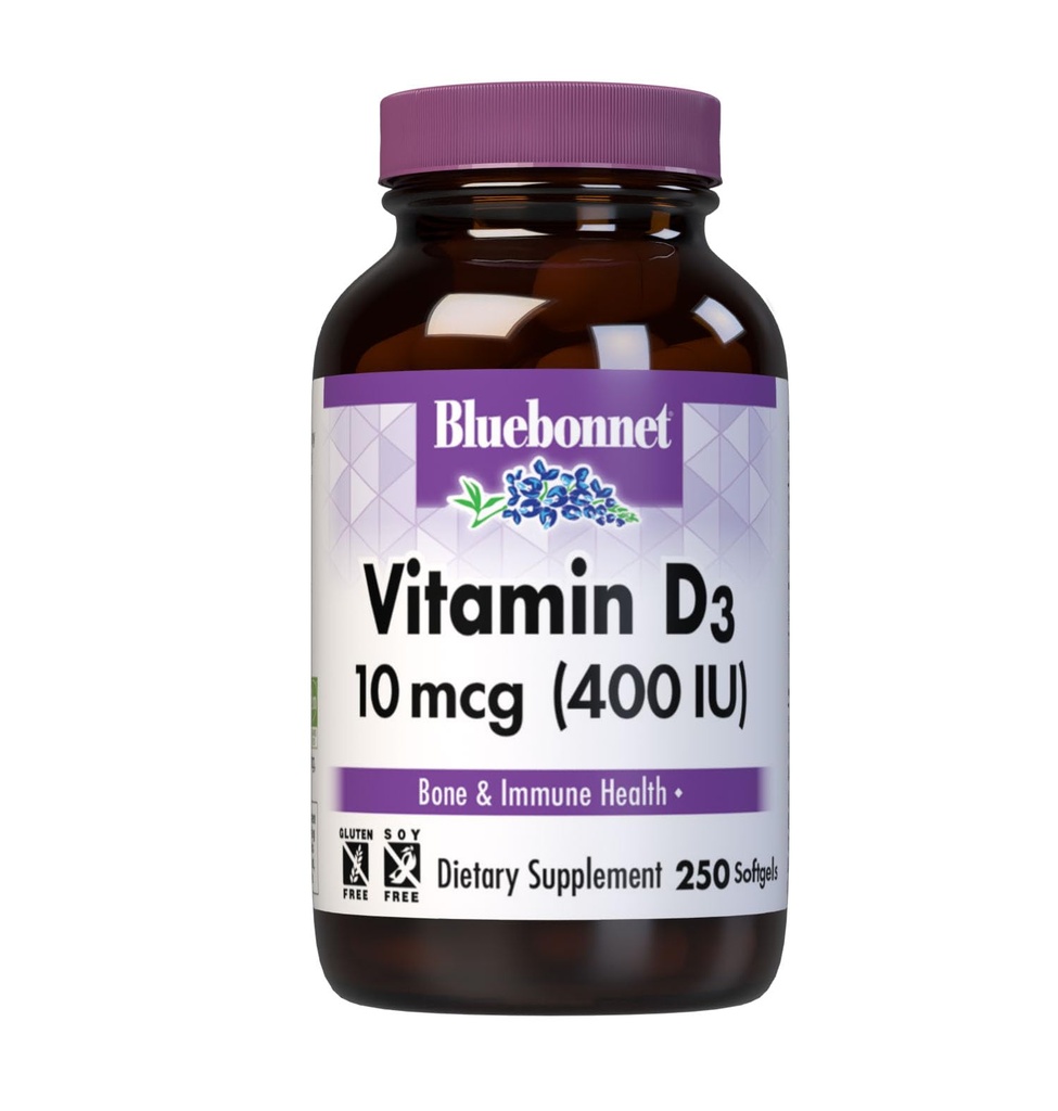 Bluebonnet Nutrition Vitamín D3 400 IU Softgels, Aids in Muscle and Skeletal growth, Cholekalciferol from Fish Oil, Non GMO, Gluten Free, Soy Free, Dairy Free, 250 Softgels