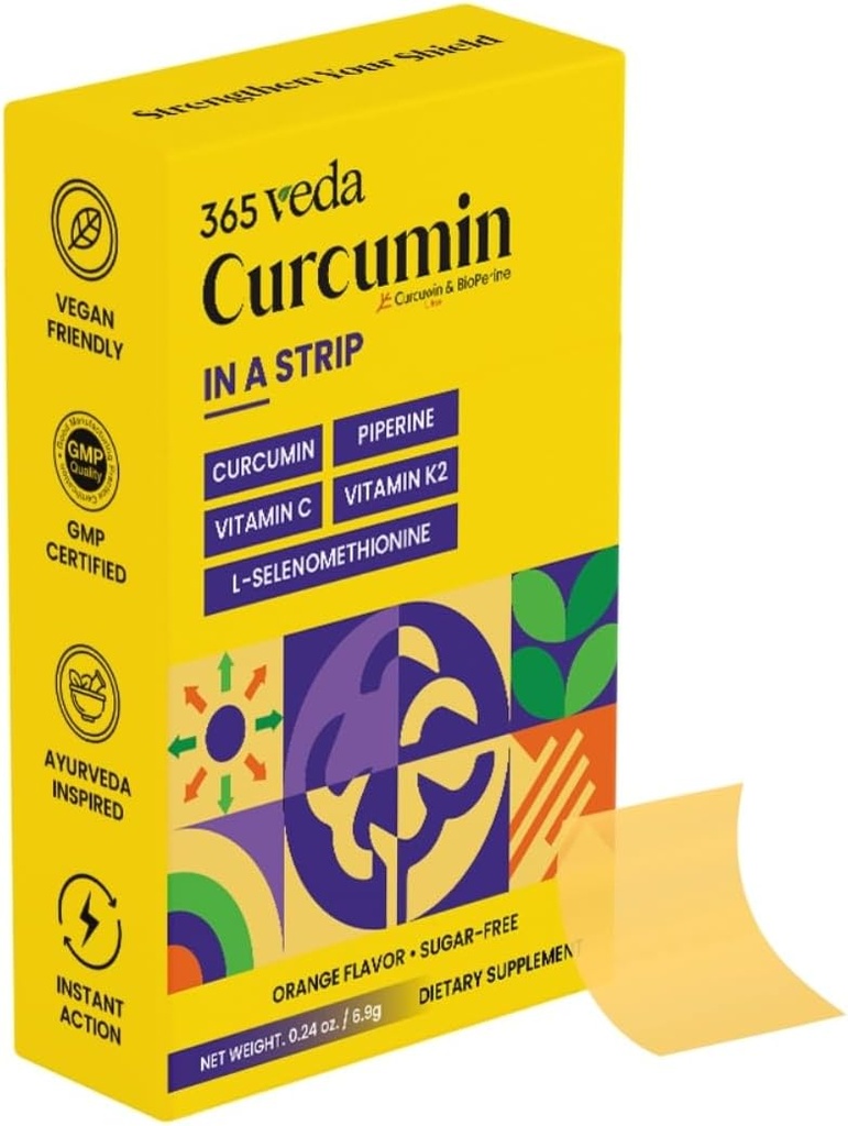 Kurkumínové prúžky z kurkumínového koreňového extraktu, piperínu, vitamínu C, vitamínu K2, negeneticky negeneticky modifikovaného organizmu, bez cukru, môže podporovať pečeň - 30 orálnych prúžkov (Orange)
