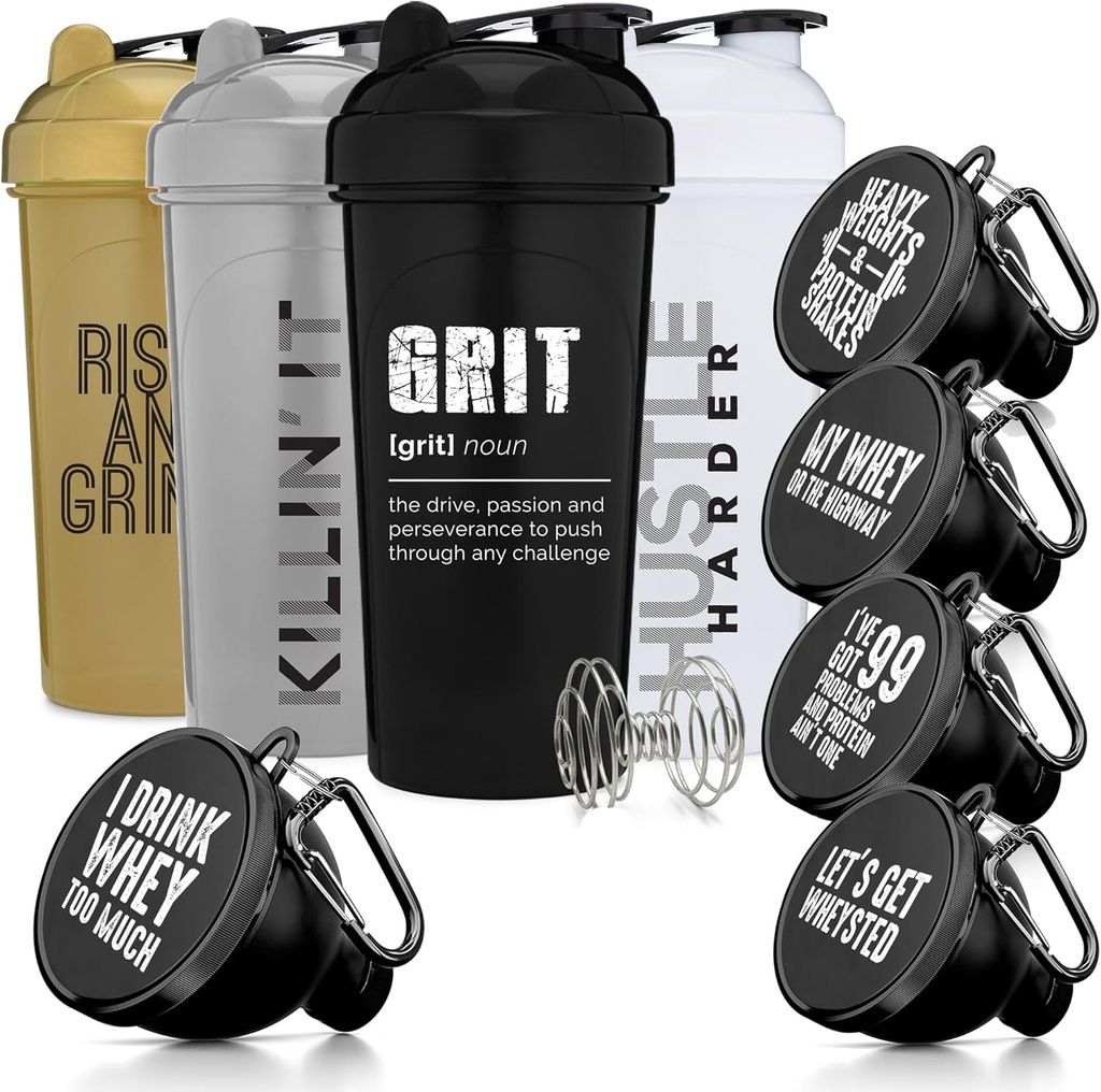 GOMOYO Fitness Bundle - 4-Pack Shaker Bottles with Agitator + 5-Pack Protein Funnels with Carabiner, BPA-Free & Dishwasher Safe