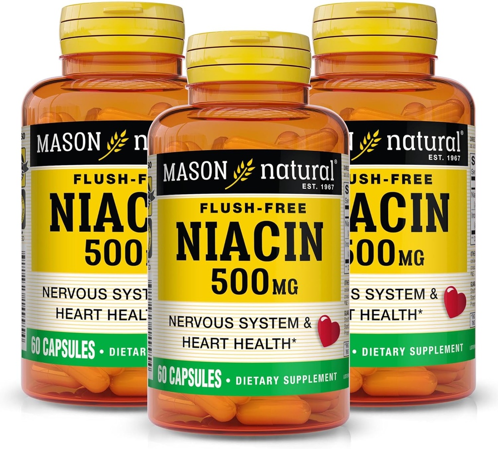 MASON NATURAL Niacin 500 mg Flush-free, podporuje zdravie srdca, výrobu nervového systému a energie, 60 kapsúl, balenie po 3