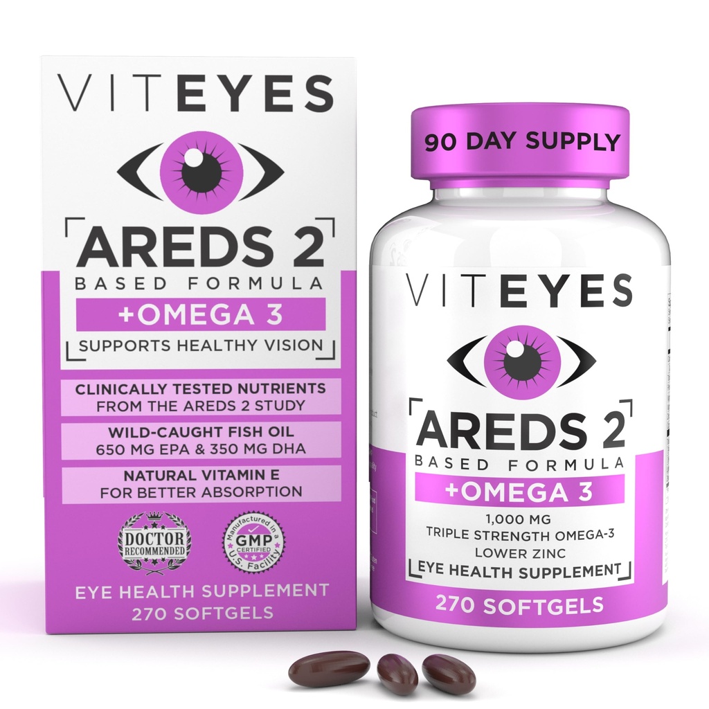 Viteyes AREDS 2 + Omega-3 Macular Support Softgels, Plus Triple Strength Omega-3 (650 mg EPA, 350 mg DHA) for Heart Health & Eye Health, Eye Vitamíny, Vision Supplement, 270 Softgels