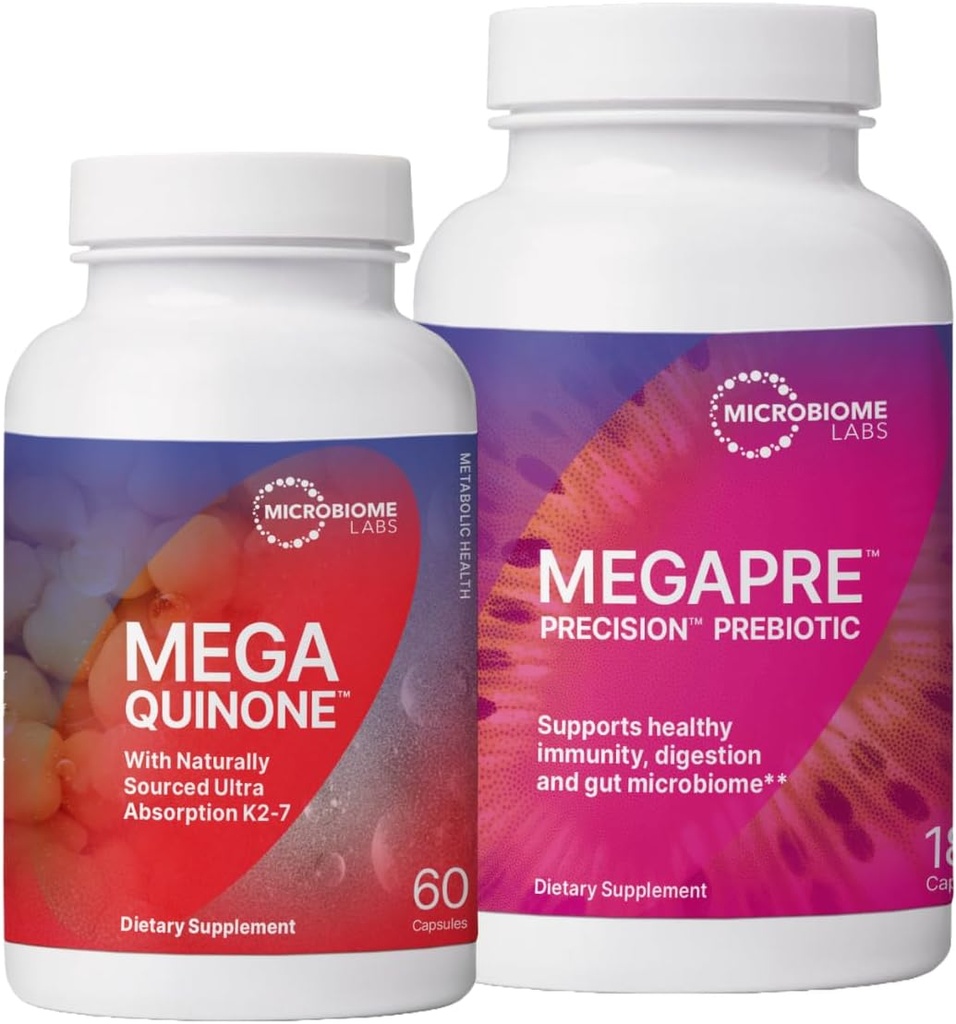 Mikrobiome Labs MegaPrebiotic na podporu trávenia a bariéry na vnútornosti (180 kapsúl) + MegaQuinone K2-7 Kompletný vitamín K doplnok s horčíkom, zinok (60 kapsúl) - 2 Product Bundle