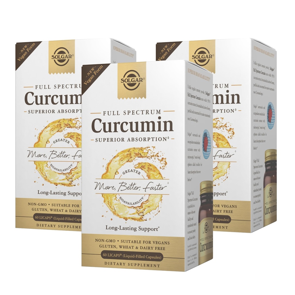 Solgar Full Spectrum Curcumin - 60 LiCaps, balenie po 3 - Superior Absorpcia - mozog, spoločné a imunitné zdravie - non-GMO, Vegan, Gluten Free, Dairy Free - 180 total Servings