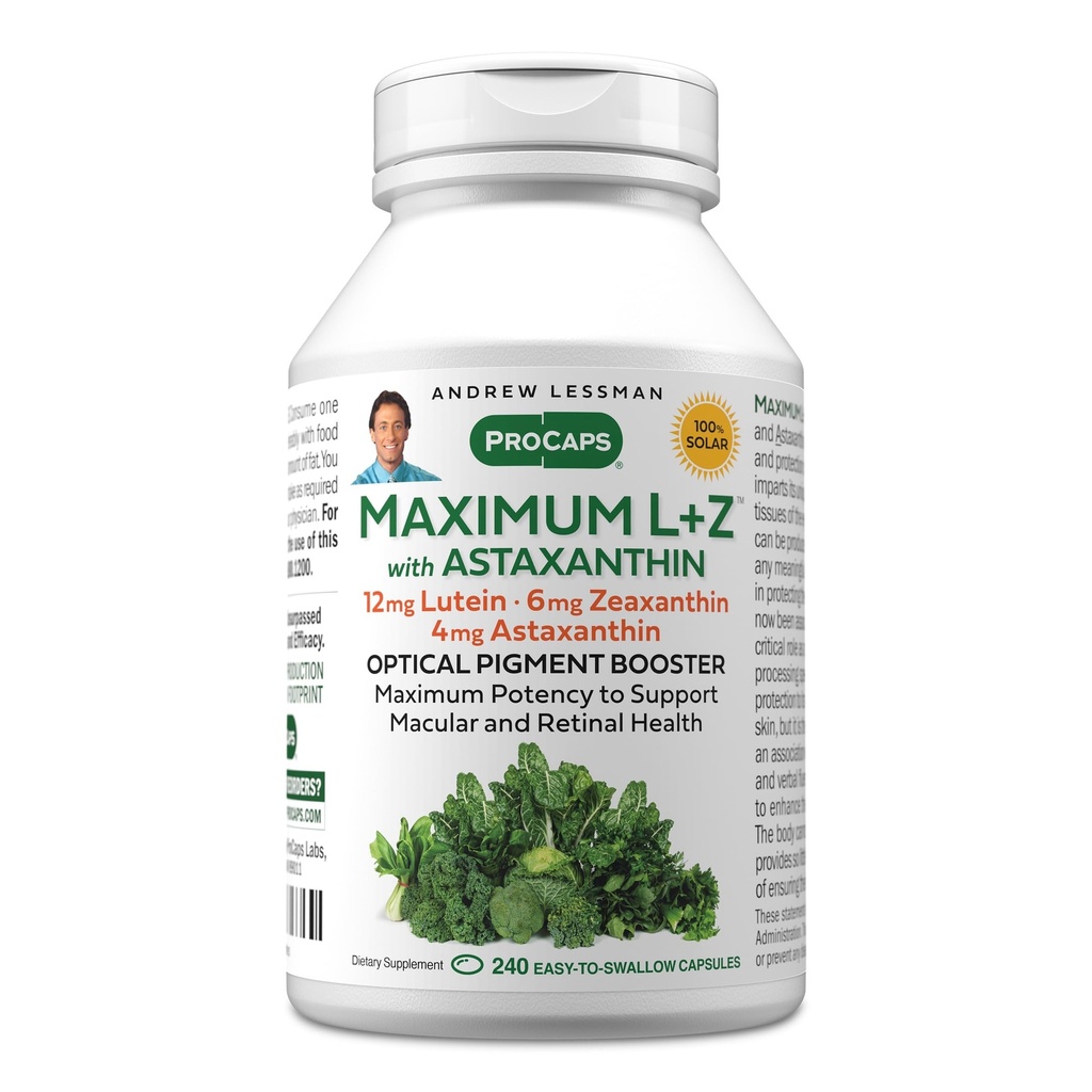 ANDREW LESSMAN maximum L+Z with Astaxantin 240 Softgels - 12mg lutein, 6mg Zeaxantin, 4mg Astaxantin. Kľúčové živiny na podporu zdravia očí a mozgu a podporu zdravého videnia.