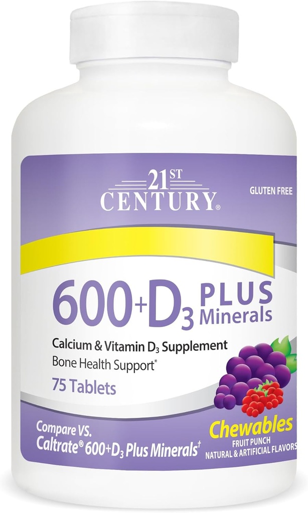 21st Century Calcium 600 mg +D Plus Minerals Žuvacie tablety, 75 grófov