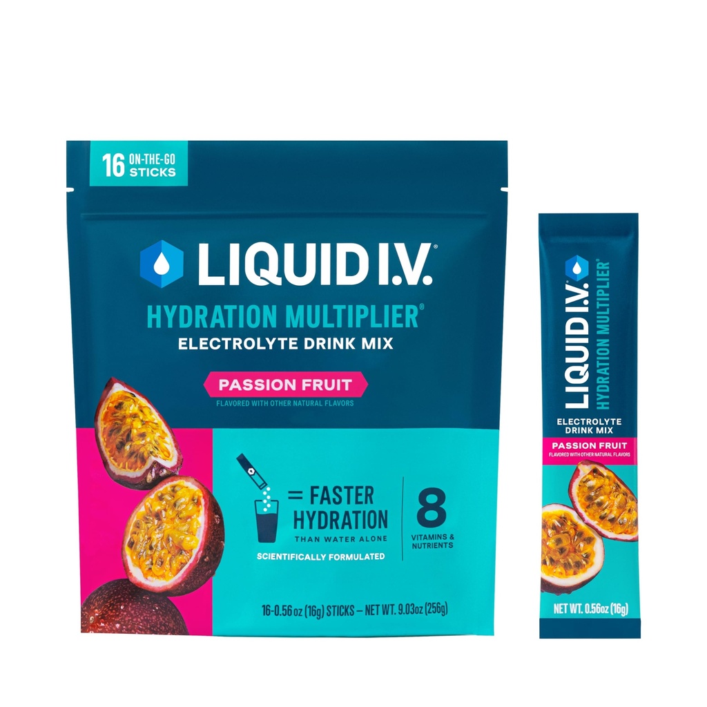 Tekutý I.V.® Hydračný multiplikátor - vášeň Ovocný nápoj Electrolyte Powder Drink Mix 1 Balenie (16 porcií)
