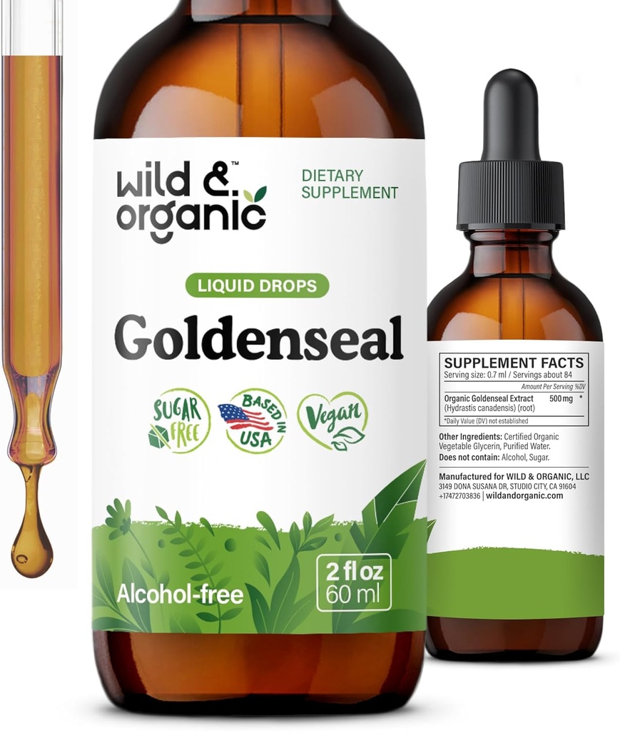 Wild & Organic Goldenseal Root Tinture - Lung Cleans, Immune & Digestive Support - Liquid Goldenseal Supplement - Vegan, Cukor a bez alkoholu Herb Drops - 2 fl oz