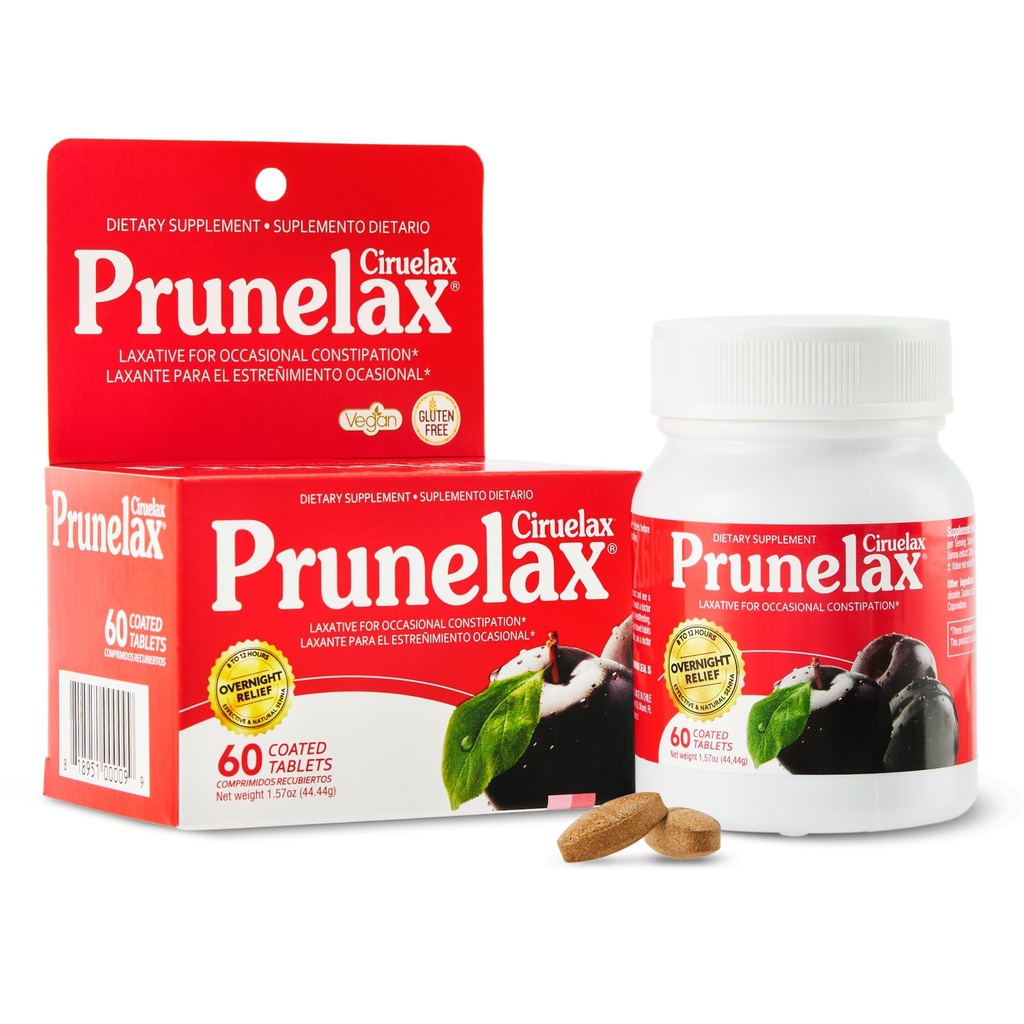 Prun relax Cirulax Pravidelná sila Laxatívne tablety - Jednodňová úľava pre príležitostné zápcha, Senna Extract, Vegan & Gluten-free, Fast-Acting Gentle Relief - 60ct