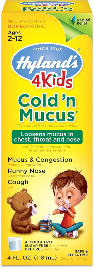 Hylandova studená medicína pre deti vo veku 2 rokov a viac, Cold 'n Mucus Relief Liquid, Prírodná úľava hlienu a kongescie, Runny Nose, Kašeľ, 4 Ounces