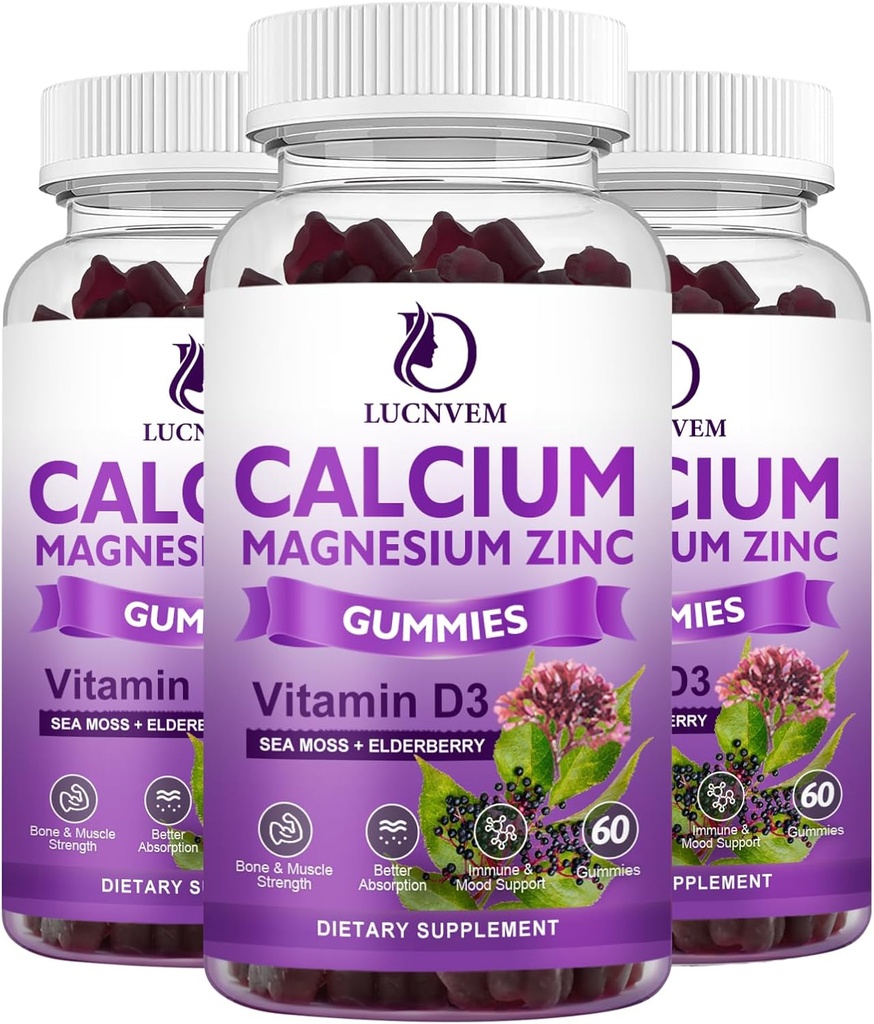 Magnézium Magnézium Gummies witn Elderberry and Sea Moss, Calcium Magnézium 2:1, Obsahuje horčík Glycinát, Vitamín D3, pre kosti, svalovina, Pokojná nálada a podpora spánku, 60 Gumies(3 balenia)