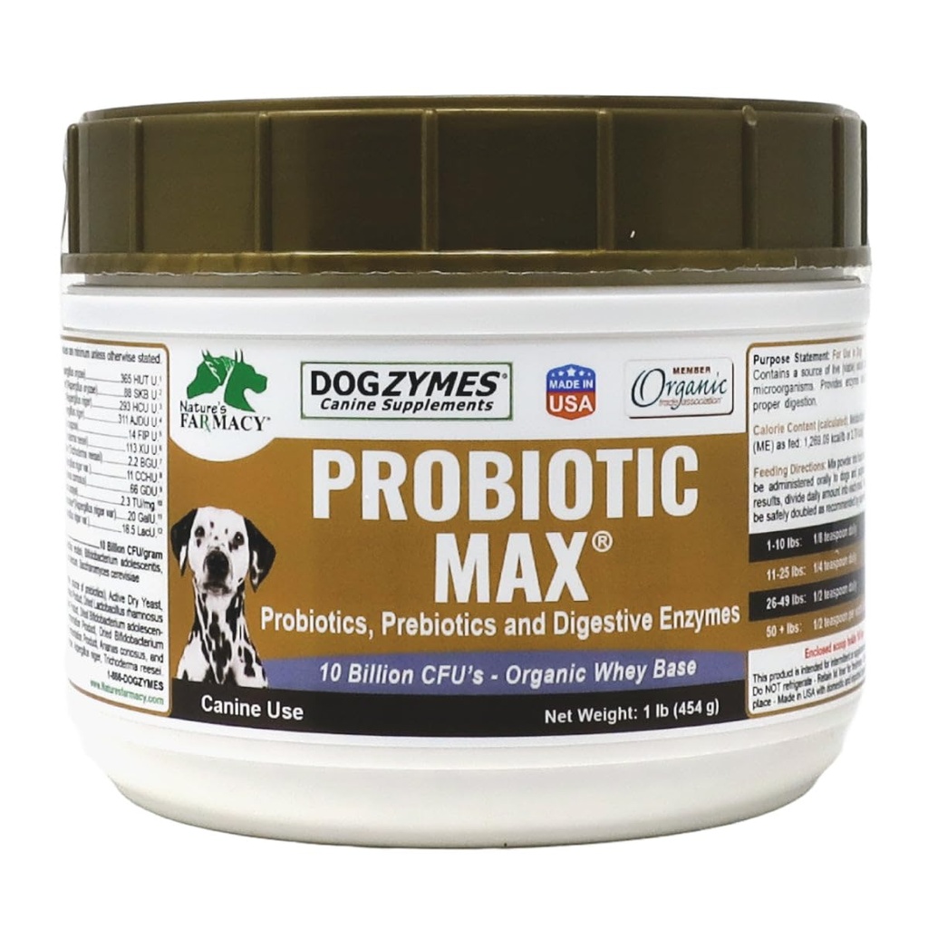 Dogzymes Probiotiká Max - 10 miliárd CFU probiotiká, prebiotiká, tráviace enzýmy - Reliéves hnačka, žalúdočné ťažkosti, zápcha, plyn, alergia, imunita a celkové zdravie 1 libra