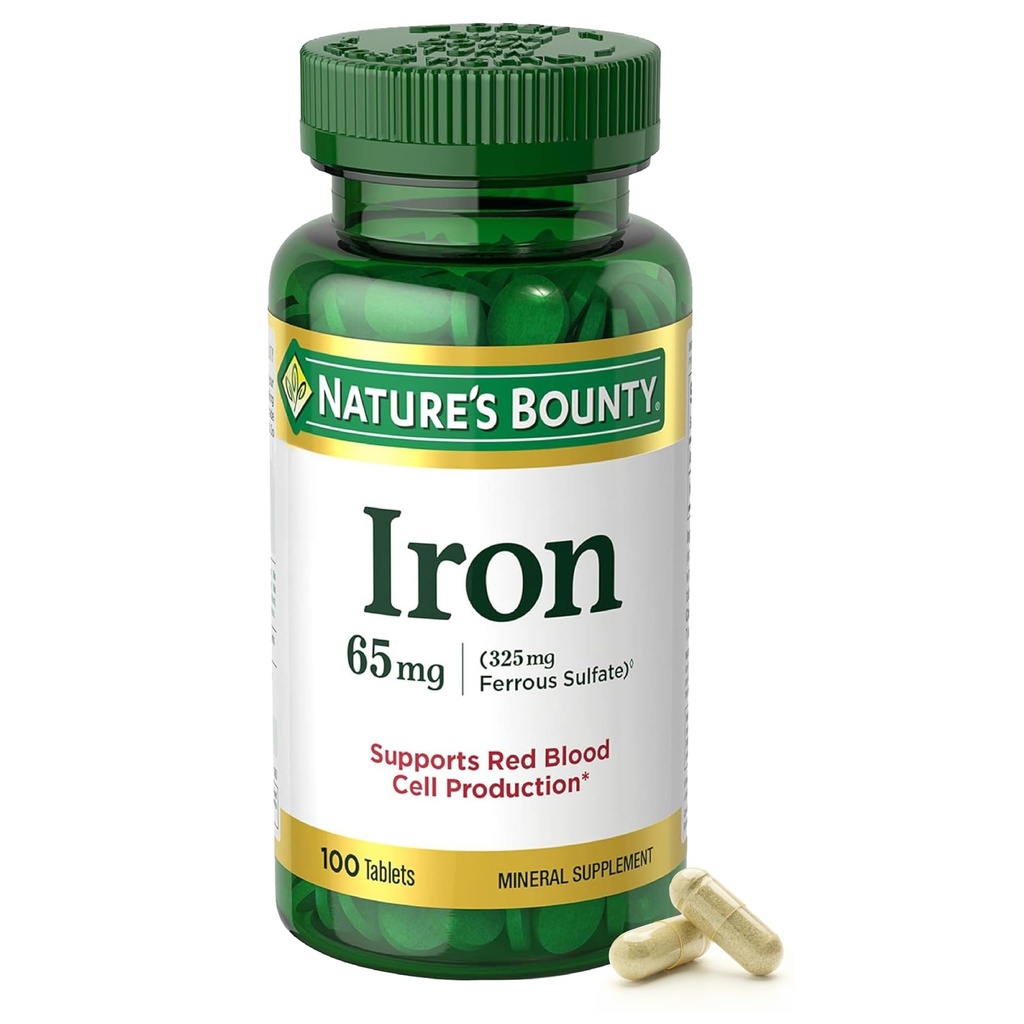 Bounty Iron 65mg, 325 mg Ferrous Sulphate, Cellular Energy Support, Propaguje normálnu produkciu červených krviniek, 1 na deň, bez lepku, 100 Vegetariánov Tablety