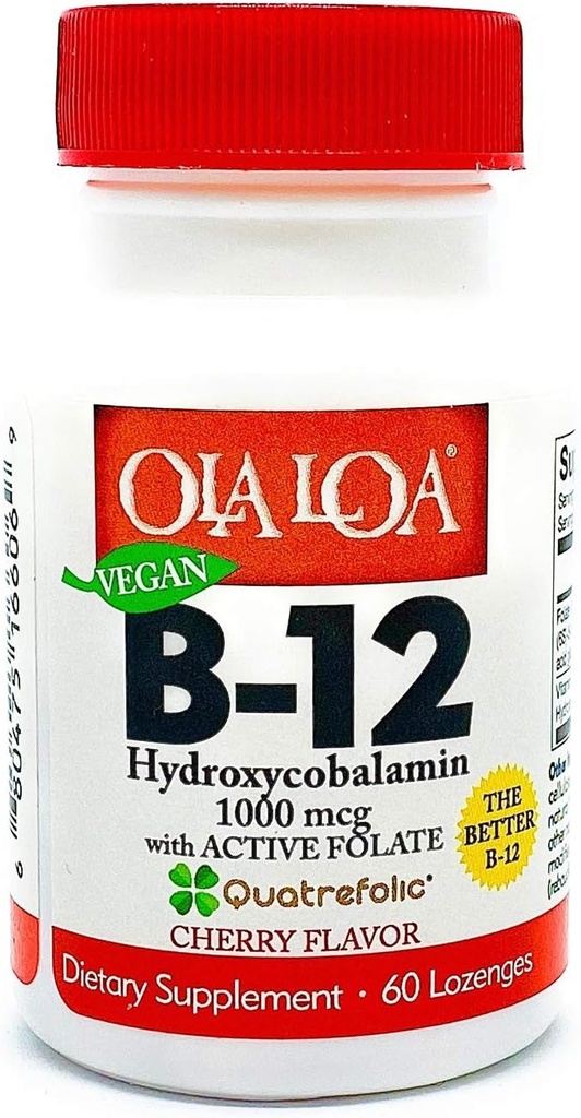 Ola Loa Vitamín B12 Sublingválne Cherry Dietary Supplement - hydroxykobalamín, aktívny folát, Vegan Formula - Podporte vaše telo energie, Nerve, a podpora mozgu - 60 tabliet