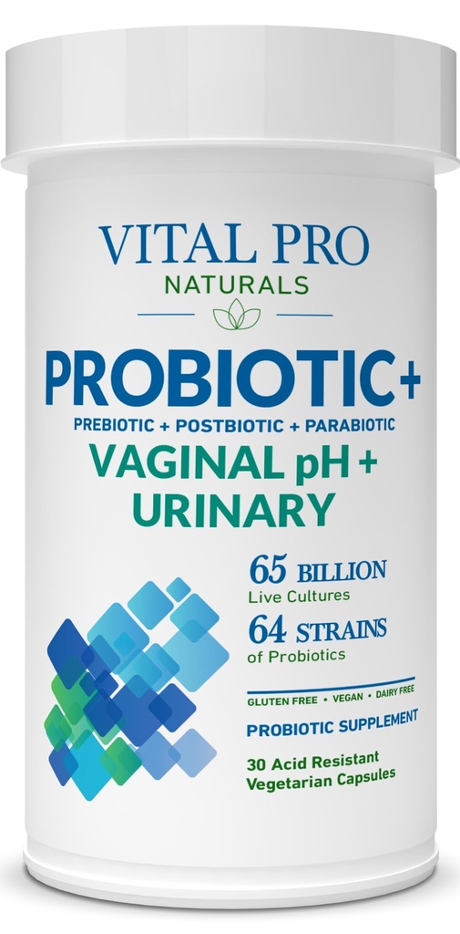 Vital Pro Naturals - Vaginálne pH a močové probiotiká + Prebiotiká, Postbiotiká, Parabiotiká, 4- v-1 doplnok pre ženy, vysoká potencie, 64 Kmene, Tráviace, Vaginálne, močové, Imunitné zdravie, 30 ot