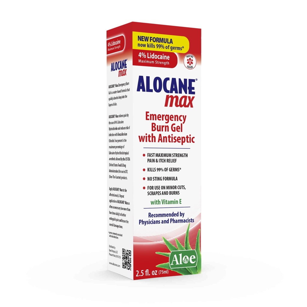 Alocane Max Emergency Burn Gel, 4% Lidocain Hydrochlorid, Antiseptik zabíja 99% klíčkov, Maximálna sila bolesti a svrbenie Relief, pre sunburns, Prvá pomoc Burn Gel s Aloe Vera