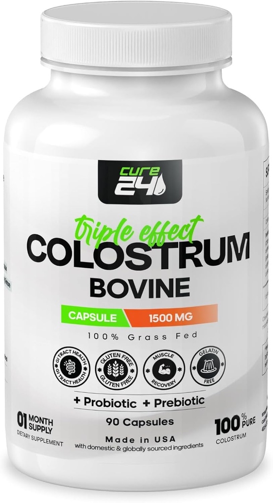 Bovine Colostrum X3 Capsule Supplement for Humans, 100% Pure Full Natural Grass Fed Superfood, High IgG, Plus Probiotic & Prebiotic, Made in USA