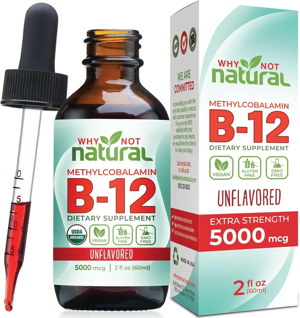 Prečo nie prírodné organické vitamín B12 kvapaliny - Sublingválne extra sila 60 x 5000 μg Metylkobalamín kvapky, Vegan, maximalizovať absorpciu a energiu