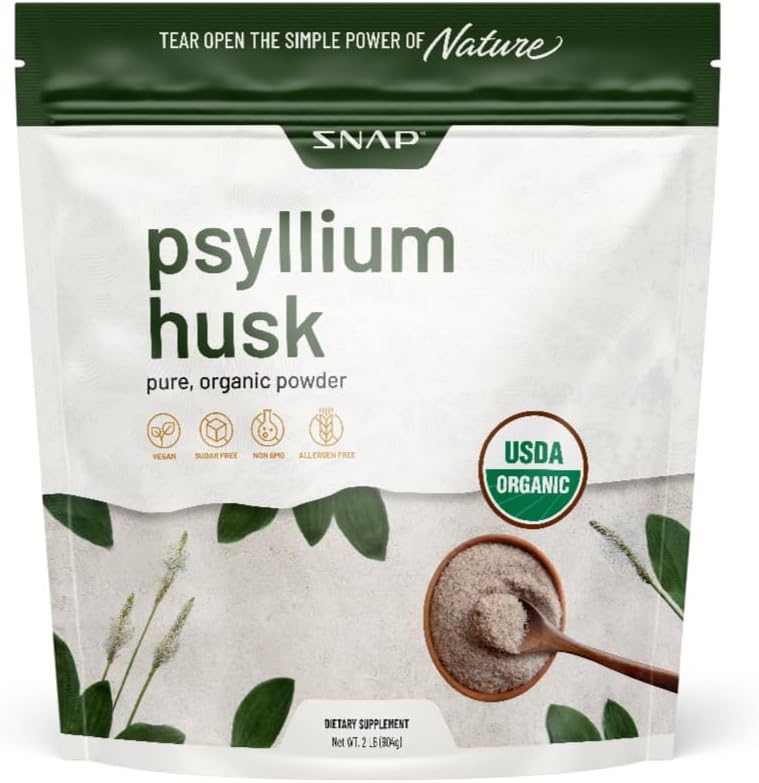 Snap Doplnky Psyllium Husk USDA Organic Powder, Support Healthy Gut, Cleanse Digestive System, Aids Digestive Health, non-GMO, Pure Organic Powder, 2LB