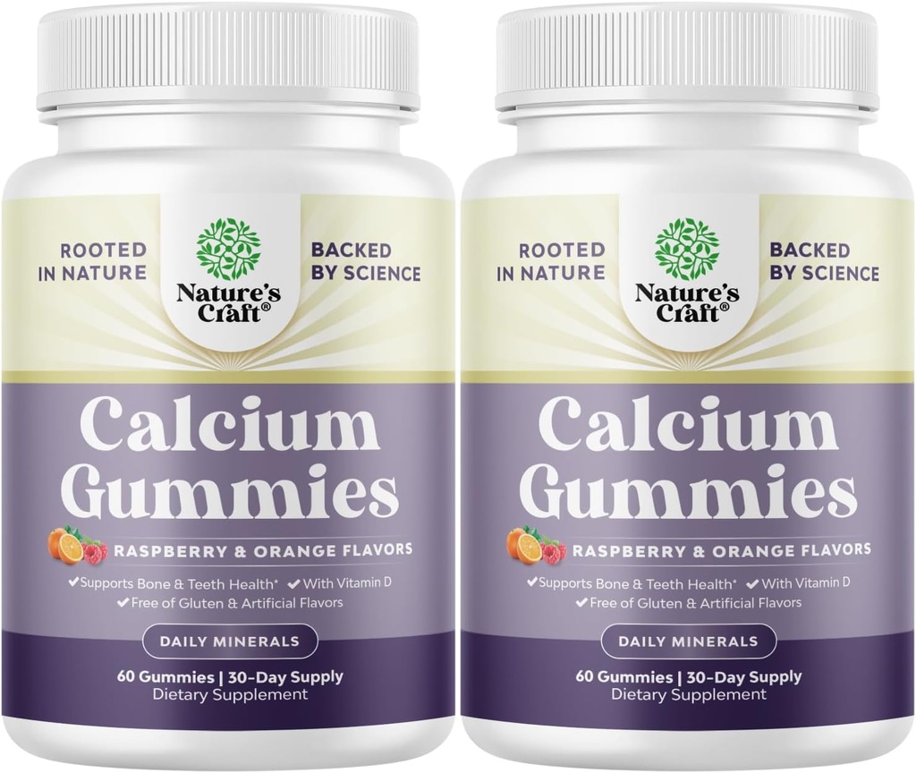 Prírody Remeslo Vysoká absorpcia Vápnik Gumies s vitamínom D3 - Delicious Calcium Gumies pre dospelých - Žuvacie a vitamín D doplnok pre zdravie kostí a imunitnej podpory Želatína-bez obsahu železa 60 ks (2 balenia)
