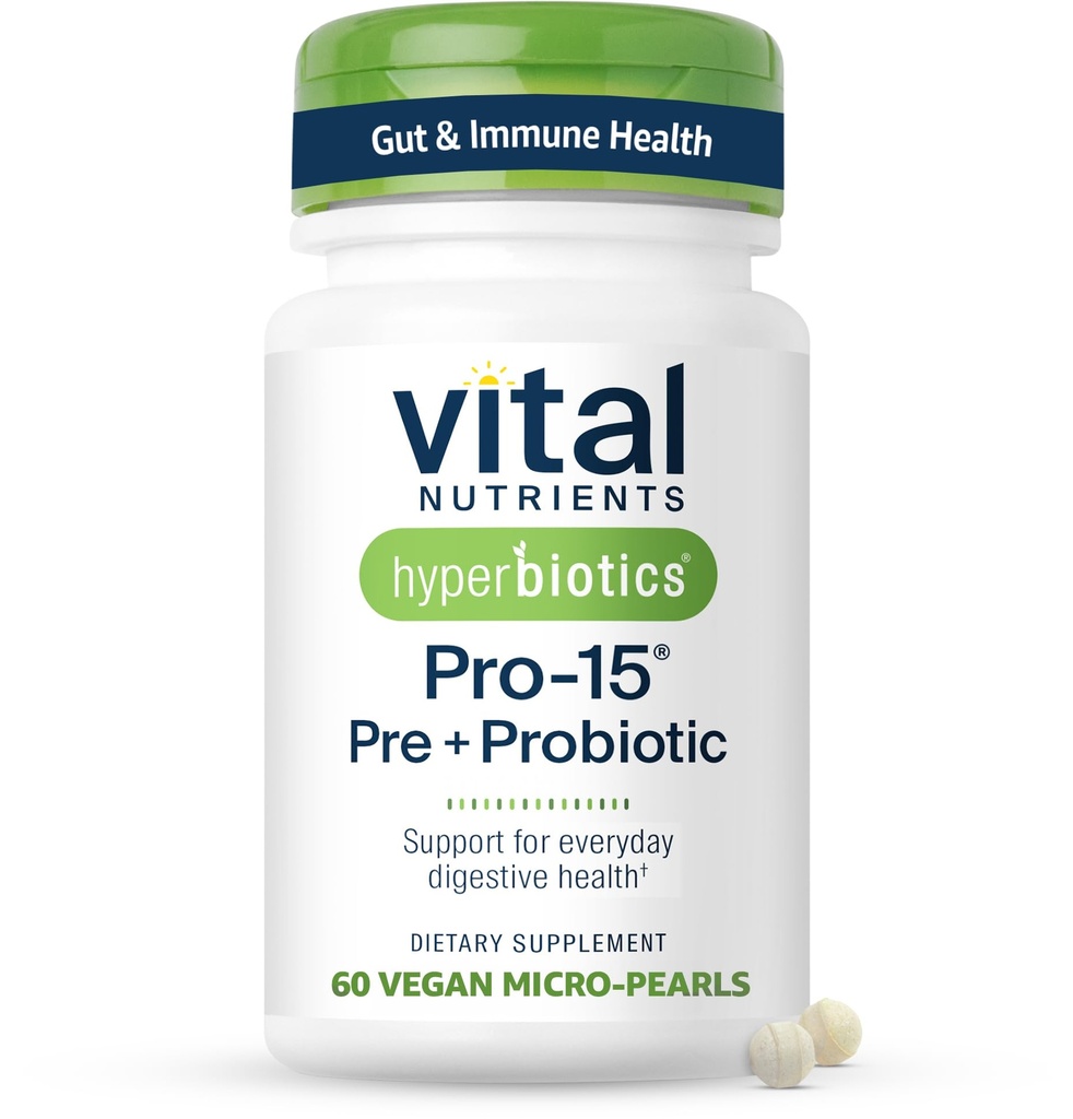 Hyperbiotiká Vital Nutrients Pro-15 Prebiotiká a probiotiká pre ženy a mužov 15 Veda Podporované kmene 