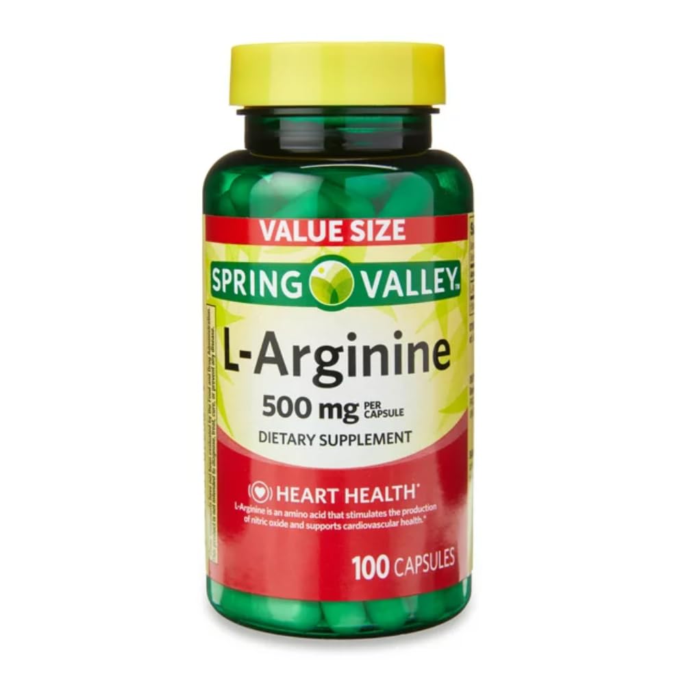 Generic Spring Valley L'Arginín Amino Heart Health Supplement Kapsule, 500mg, Veľkosť hodnoty, 100 Počet + 1 Mini Pill Container (Štýl a farebné variá)