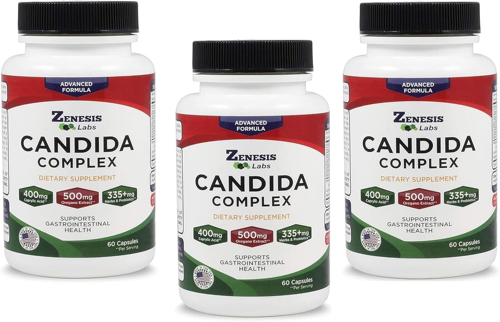 Zenesis Labs Candida Complex Cleanse Detox Kyselina kaprylová Supplement, Oregano Extract, Probiotiká, Enzymes - hromadne 180 Kapsule, 90 Day Supply (60 Kapsule/Bottle)