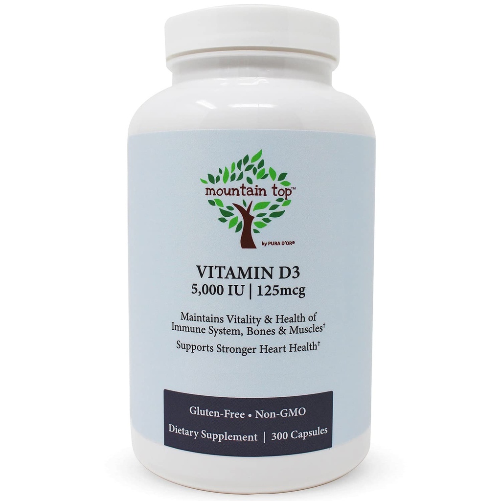 MOUNTAIN TOP Vitamín D3 5000 IU 125 μg Kapsule (počet 300) Pomáha Podpora Imunitné zdravie, silné kosti a zuby, & svalová funkcia - non-GMO, bez lepidla