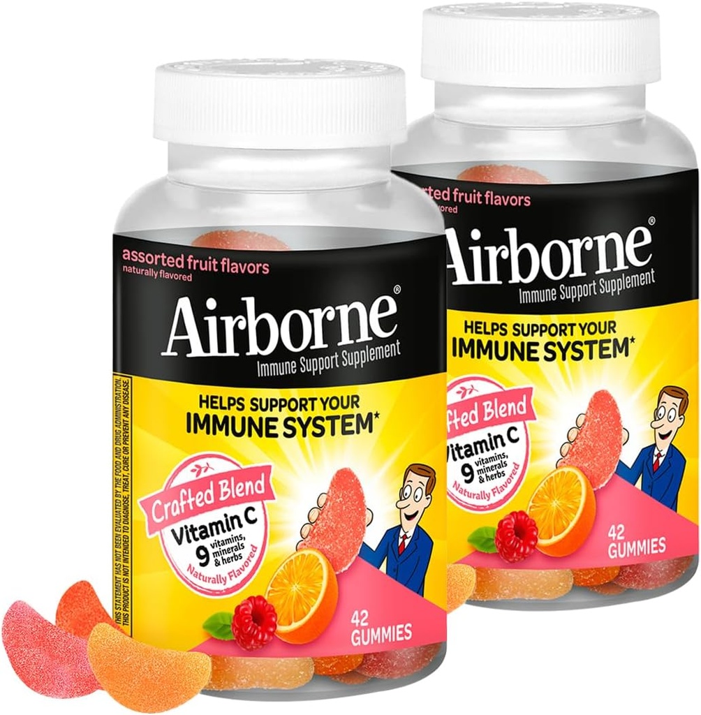 Airborne 750mg Vitamín C Imunitná podpora Supplement Gummy pre dospelých, rozmanité ovocná príchuť, lepidlo Free Crafted zmes s výkonnými antioxidantmi Vitamíny A C & E, 42 Gumies (2 balenie)