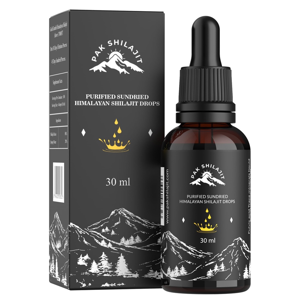 PakShilajit® Sun sušené Himalayan Shilajit Liquid Drops, Most Premium & Organic Gold Gradied Shilajit kvapky nad 17000FT (30ML balenie), bohaté na kyselinu fulvovú Kyselina Humová Prírodný doplnok
