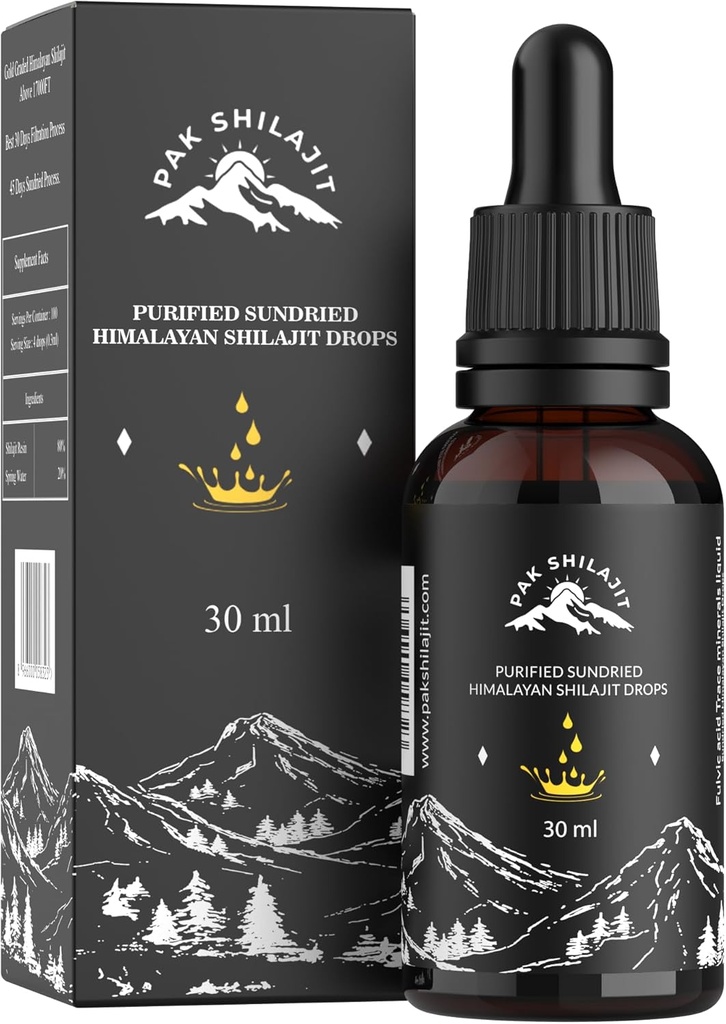 PakShilajit® Sun sušené Himalayan Shilajit Liquid Drops, Most Premium & Organic Gold Gradied Shilajit kvapky nad 17000FT (30ML balenie), bohaté na kyselinu fulvovú Kyselina Humová Prírodný doplnok