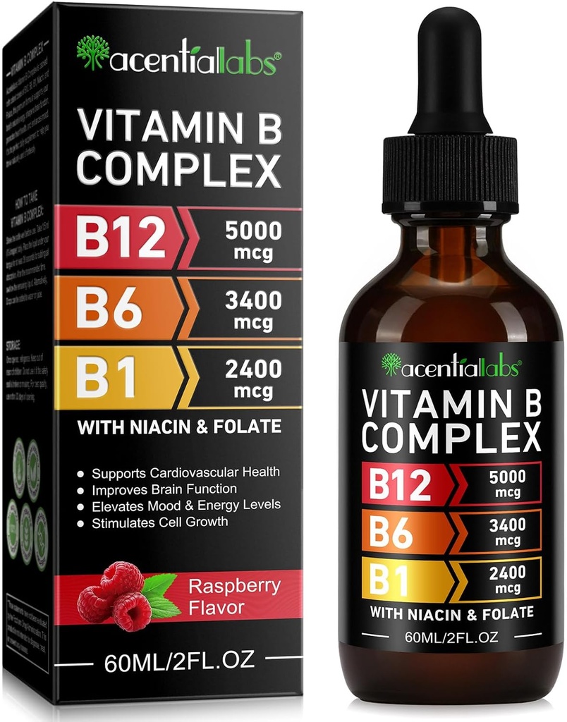 Vitamín B12 Tekuté kvapky - Organické vitamín B12 Sublingválne kvapky - Organické vitamín B-komplex B5 Kyselina pantoténová - Vegan B12 Sublingválne 5000 μg s vitamínom B6, Tekuté B12 Metylkobalamín podporuje