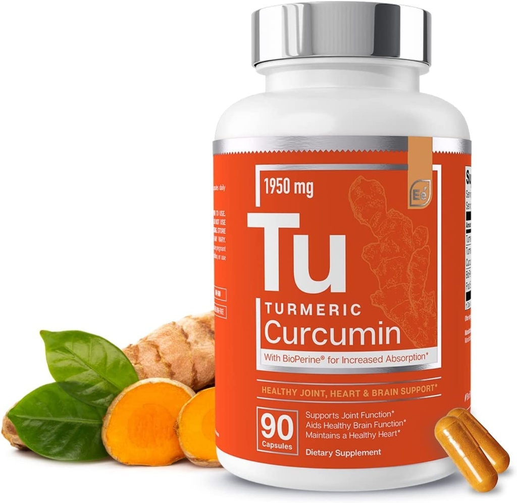 Základné prvky Turmérny kurkumín - Joint, Heart & Brain Support - s Bioperínom pre zvýšenú absorpciu 1950 mg - 90 kapsúl