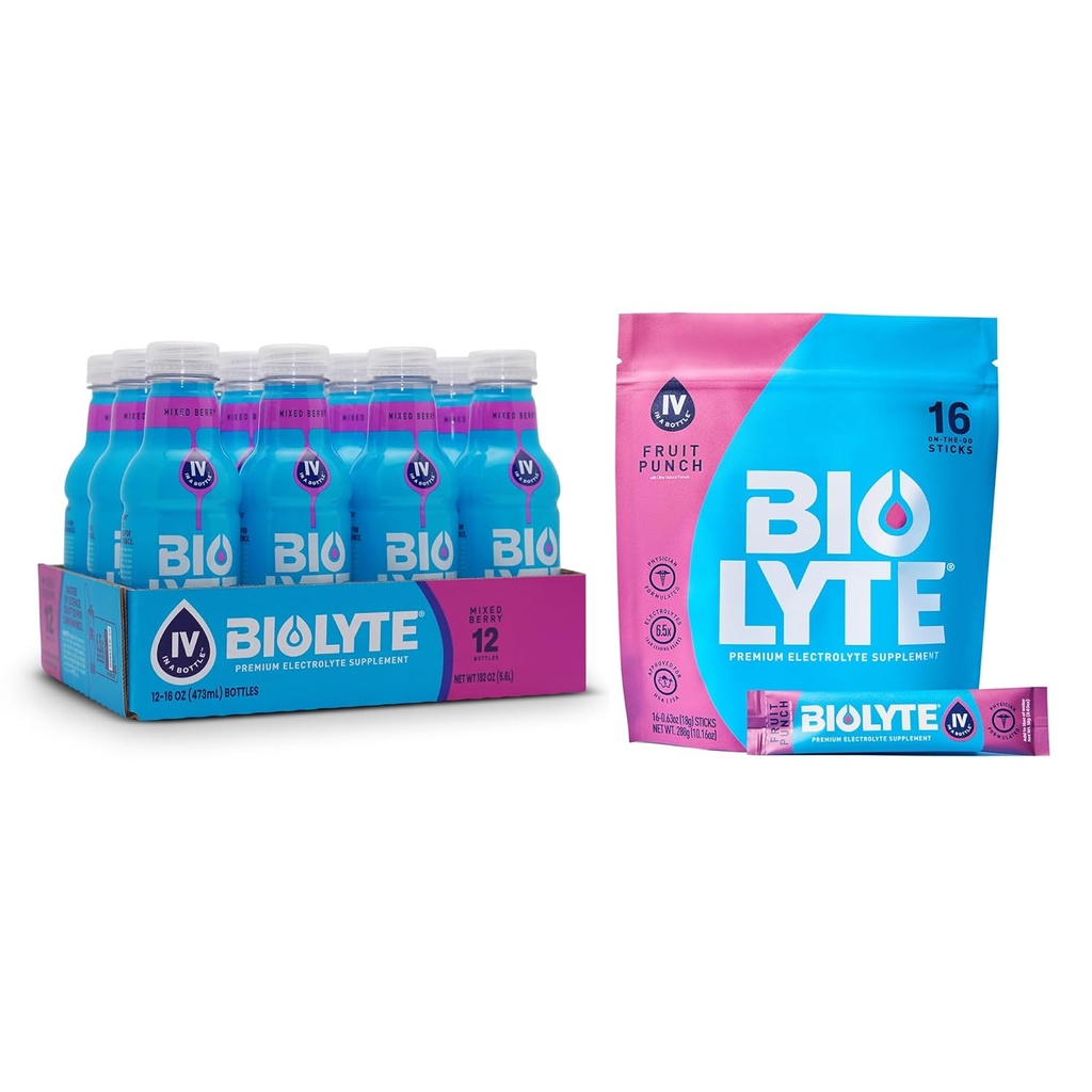 BIOLYTE Electrolyte Drink & IV Hydratačný Drink Mix - Lekár-formulované FSA & HSA Elektrolyty Tekuté, rehydratačné práškové pakety, Chemoterapia musí mať pre ženy a mužov - Berry, 12 fliaš, 16 tyčiniek