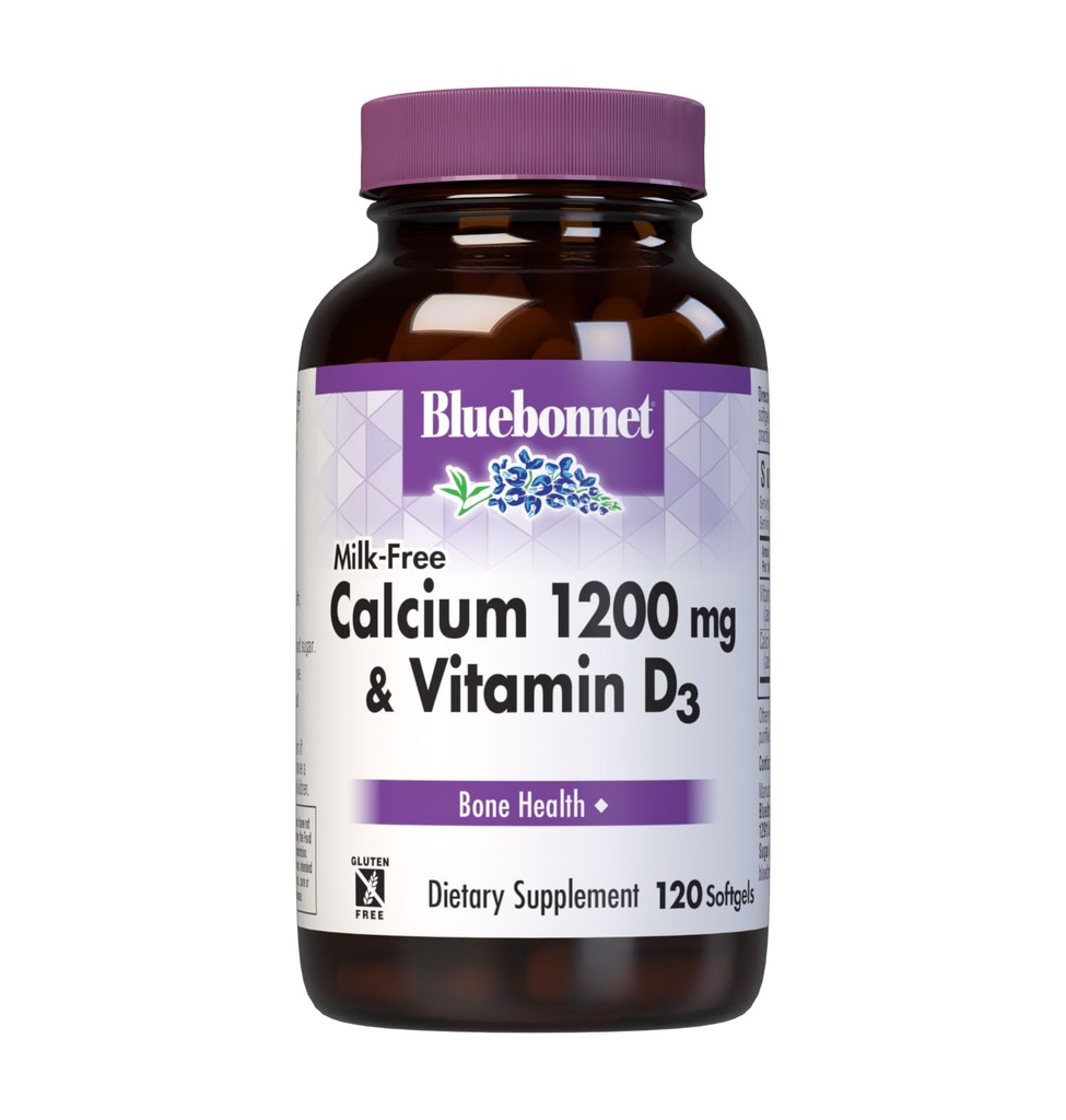 Bluebonnet Nutrition Milk-Free Calcium 1,200 mg Plus Vitamín D3 400 IU - Vysoká potencia, Maximálna absorpcia Silné zdravé kosti a Immune Health Suplement, Gluten-Free, Dairy-Free, 120 Softgels