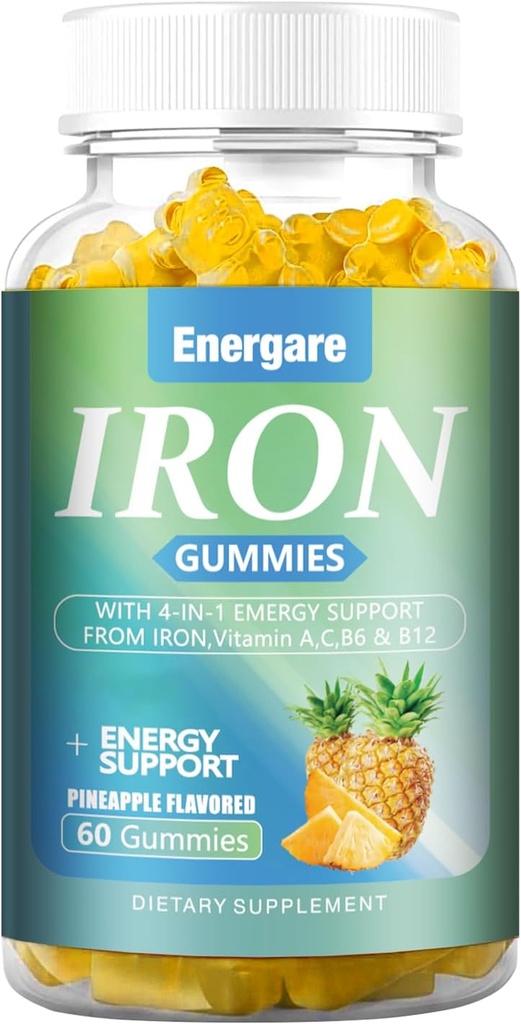 1 balenie 100Mg Železo Supplement Gummy pre ženy a mužov - vitamín A, C, B - Energetická podpora pre nedostatok železa, anémia, dospelí a deti, ananásová aróma Gummy, 60 grófov