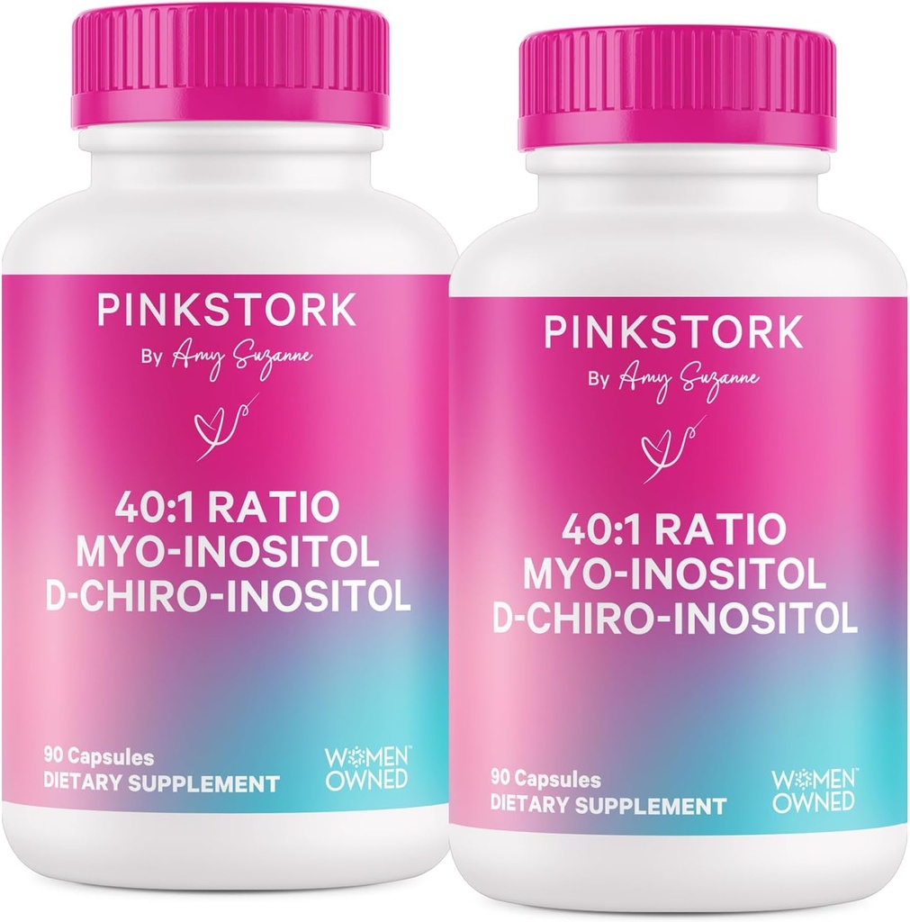 Pink Stork Myo-Inozitol & D-Chiro Inozitol Supplement - Hormonálna rovnováha pre ženy - Podpora ovária - Pomer 40:1 - Doplnky k plodnosti pre ženy - 180 Kapsule, 2 mesiace Zásoba
