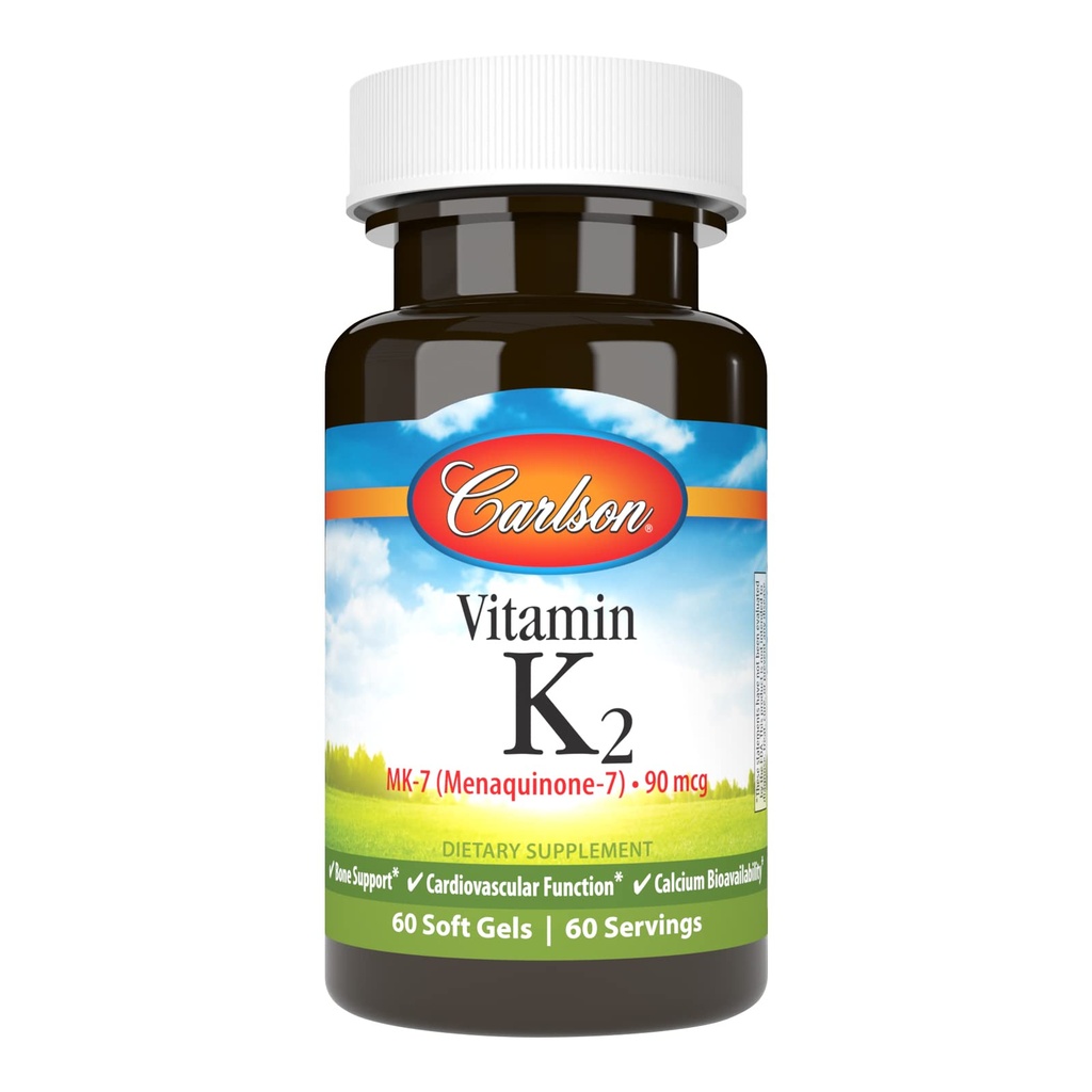 Carlson - vitamín K2 MK-7 (menachinón), 90 μg, kostná podpora, biodostupnosť vápnika, K2 vitamín, vitamín K-2, 60 softgelov