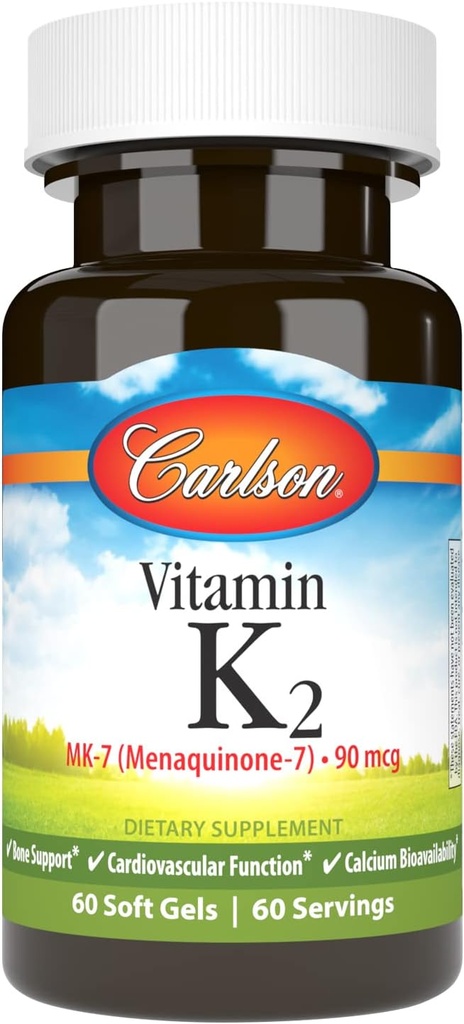 Carlson - vitamín K2 MK-7 (menachinón), 90 μg, kostná podpora, biodostupnosť vápnika, K2 vitamín, vitamín K-2, 60 softgelov