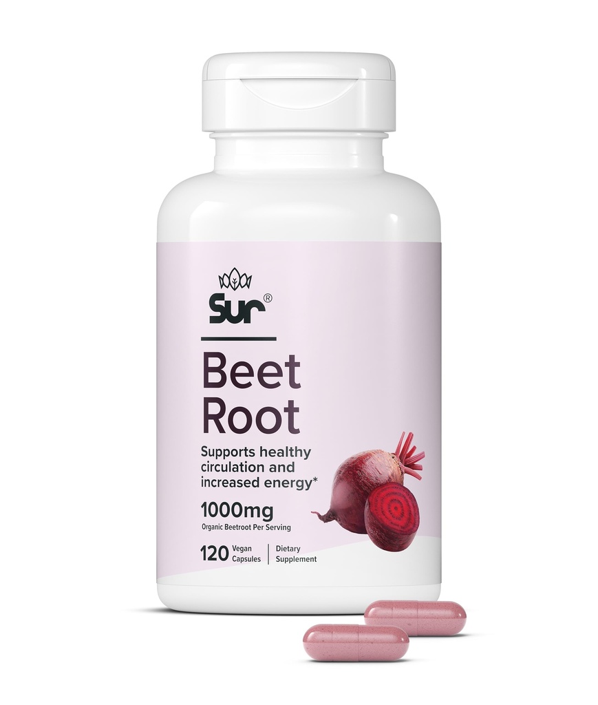 Sur Organic Beet Root Kapsule 1000mg - Podporuje zdravý obeh a zvýšenie energie - Superfood oxidu dusnatého (120 Kapsule)