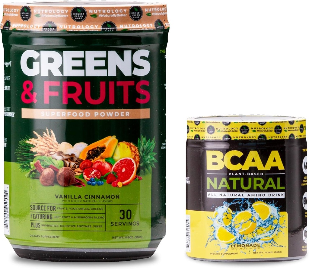 Nutrology Greens & Fruits Powder-Naturally Sourced Superfood, Vanilla škorica (30 Servings) Natural, Plant Based BCAA Powder, Lemonade Flavor (30 Servings)