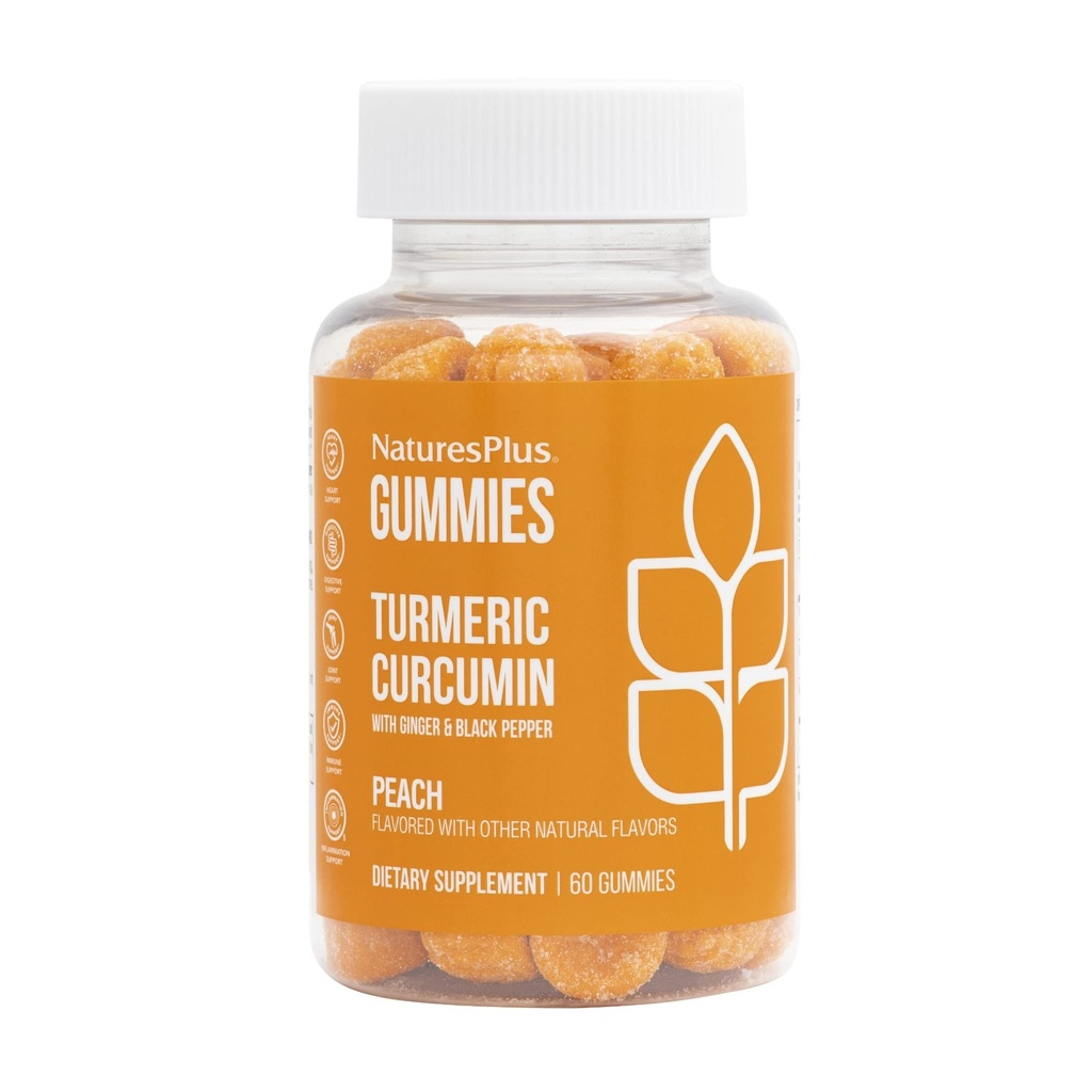 NaturesPlus Gummies Turmeric Curcumin - 60 Gummies, Peach - Podpora Joint, Tráviace a kardiovaskulárne zdravie - Vegan, Gluten Free, Non-GMO - 30 Serviv