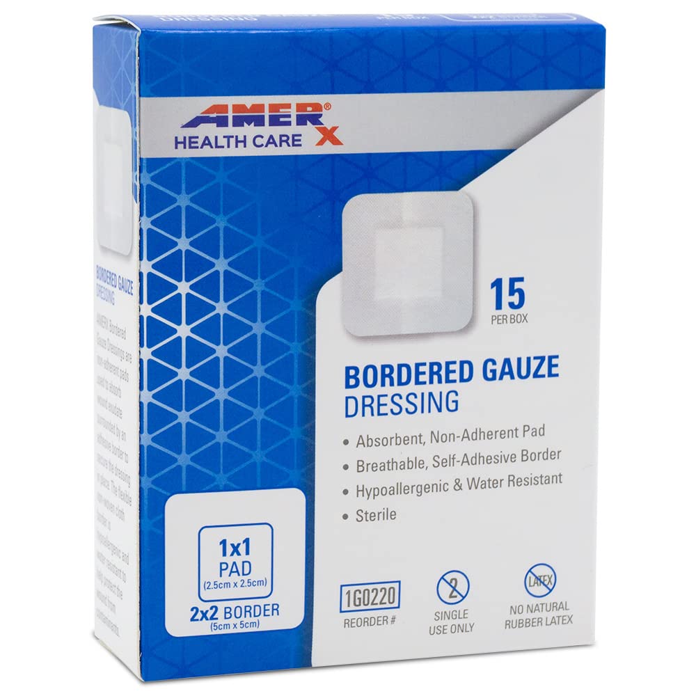 2" x 2" Obliekanie (1x1 pad) AMERX Bordered Gauze - Adhezívne obväzy - Vododolná bariéra - Self Adhezive Border - Dýchateľný, Hypoallergenický - 15 Pads per Box