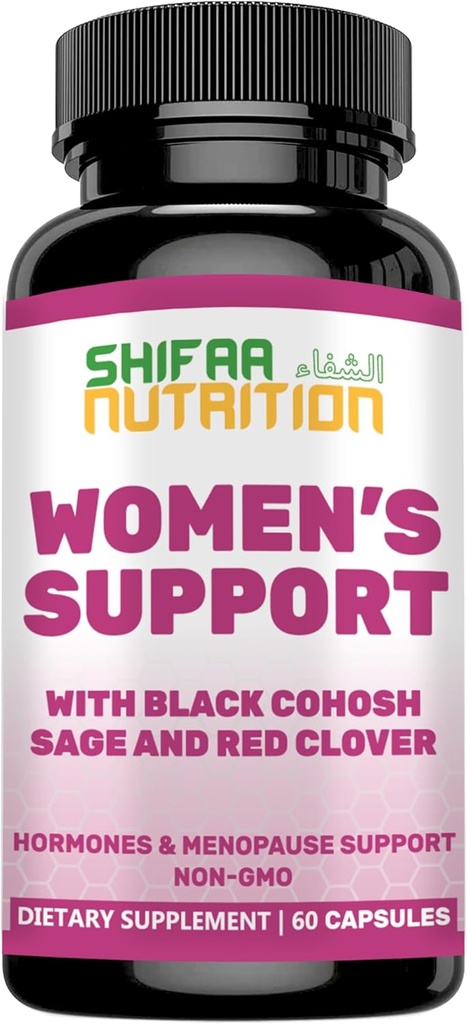SHIFAA NUTRITION Hormóny rovnováhu a menopauza Doplnky pre ženy, Menopauza Relief - Podpora pre horúce riasy, Mood Swings w/Black Cohosh & Red Clover Halal Vitamíny, 30 Slúži