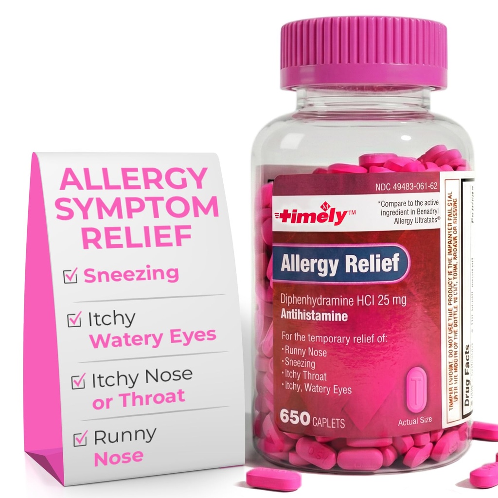 Včasná úľava od alergie Difenhydramín HCl 25 mg - 650 Caplets - V porovnaní s Benadrylovou alergiou Ultratab - Antihistaminikum - Alergická medikácia - Relief Runny Nose pre dospelých - Vodnatá liečba očí