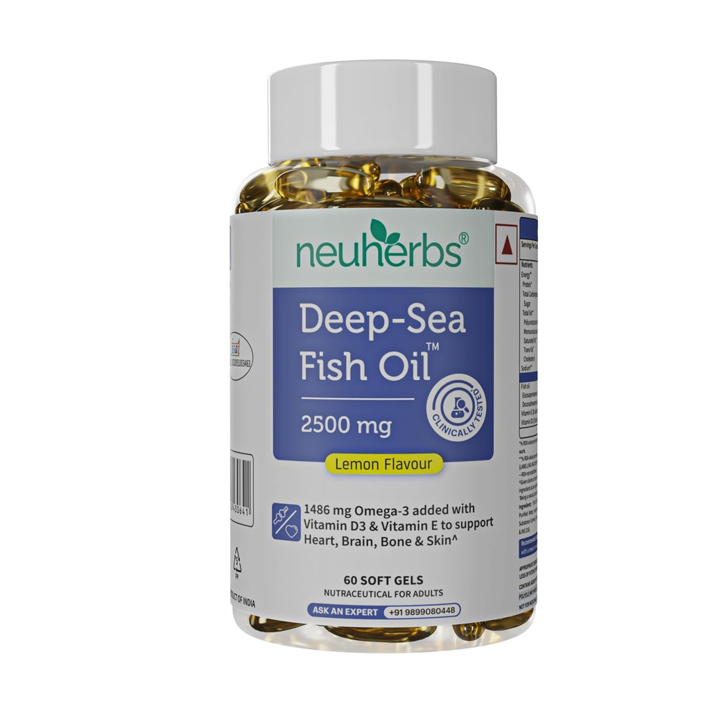 Neuherbs Deep Sea Fish Oil (60 Softgels) Omega 3 Supplement Triple Strength 2500 Mg for Muscle, Joints, Heart & Cognitive Support 