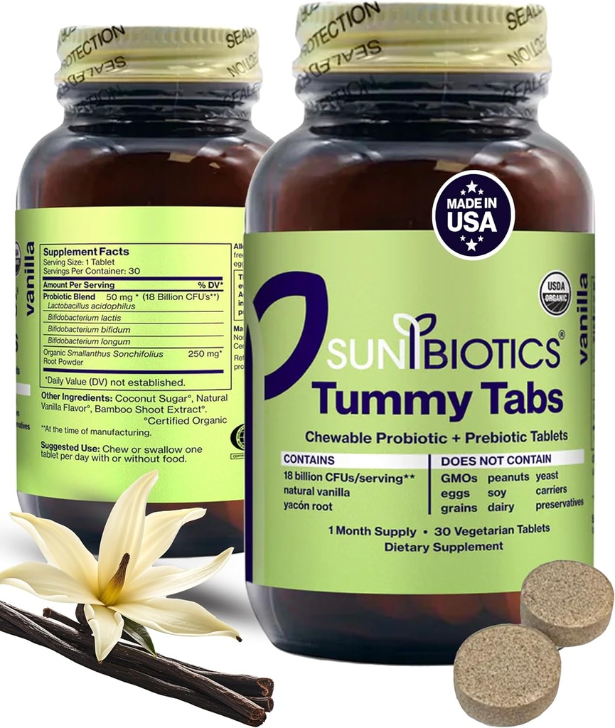 SUNBIOTICS Tummy Tabs - Chewable Probiotic and Prebiotic Tablets with 18 Billion CFUs of 4 Probiotic Squeins for Good Gut Flora, Immune System, & Balanced Microbome - Vanilla, (Pack of 1)