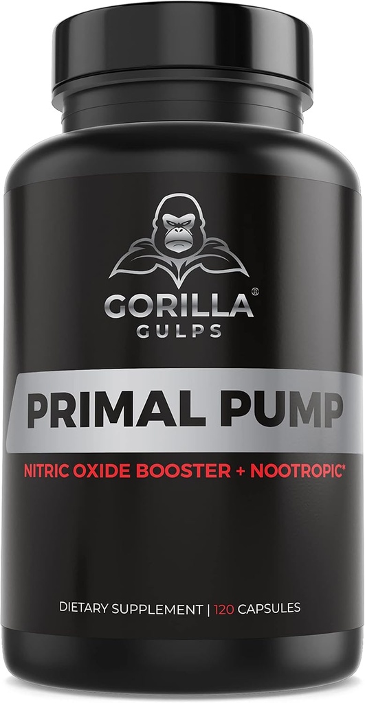 Gorilla Gulps - Primal Pump Nitric Oxide Supplement Nootropic 1500mg Nitrosigine L Arginine & Repee Root for Muscle Growth, Pumps, Krvný tok, Energia a zameranie - Max Strength Pre Cvičenie N.O. Booster