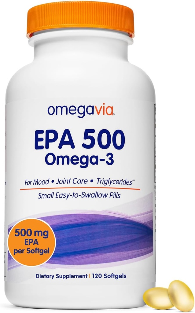 OmegaVia EPA 500, Purified Omega-3 Fish Oil Supplement, 500 mg EPA in Triglycerid Form, Burpless Fish Oil, Non-GMO, Gluten-Free, IFOS 5-Star, 120 Softgels