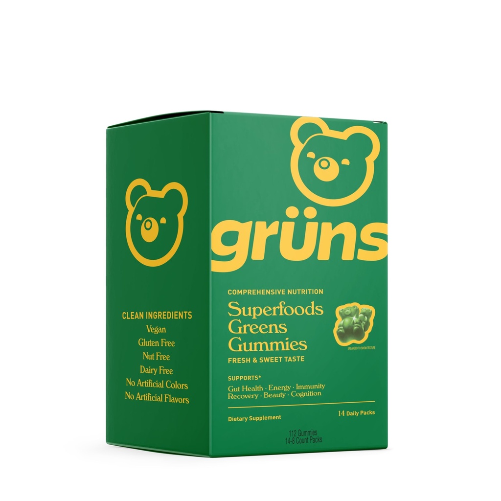 Gruns Super Greens Gummy Bears - Organic Spirulina a Chlorella, Prebiotiká pre trávne zdravie, 20+ Vitamíny a minerály - 14 vreciek - 112 Gumies